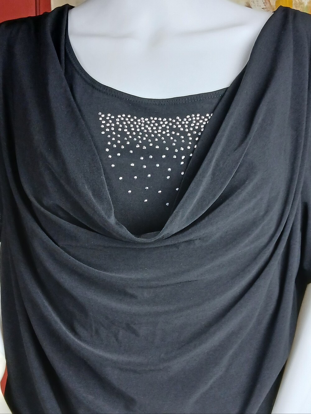 American City Wear Black Draped Cowl Neck Top with Rhinestone Accents